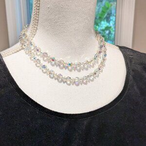 Vintage 1950s/60s 2-Strand Aurora Borealis Crystal Choker Necklace Fancy Filigre